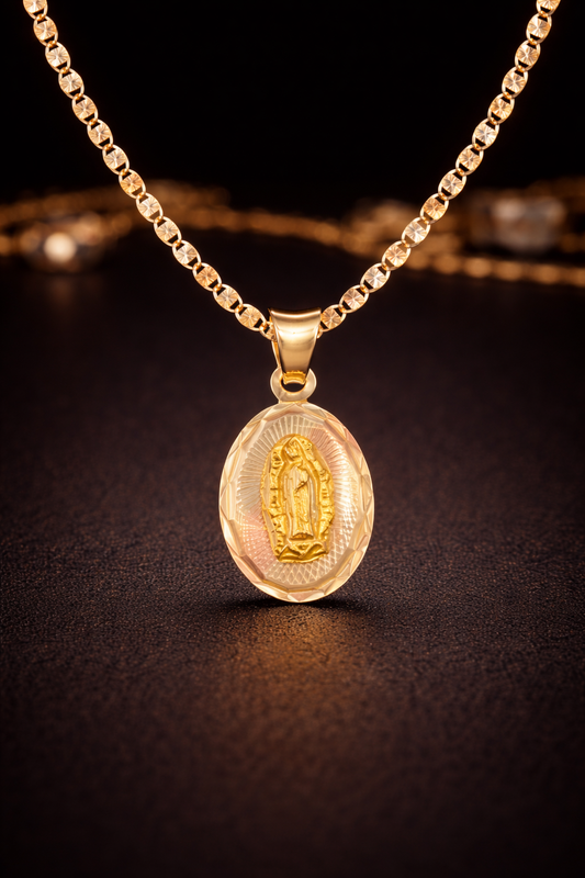 14K Gold Tri Color Virgen de Guadalupe Necklace