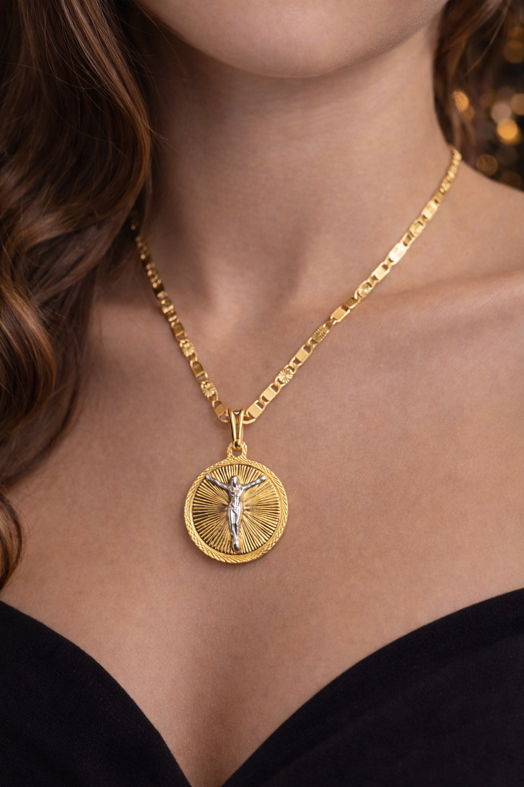 14K Gold Filled Round Jesus Necklace Charm 17x14mm