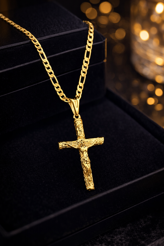 Mens Womens Rustic Cross Necklace 36x23mm Figaro Link Chain