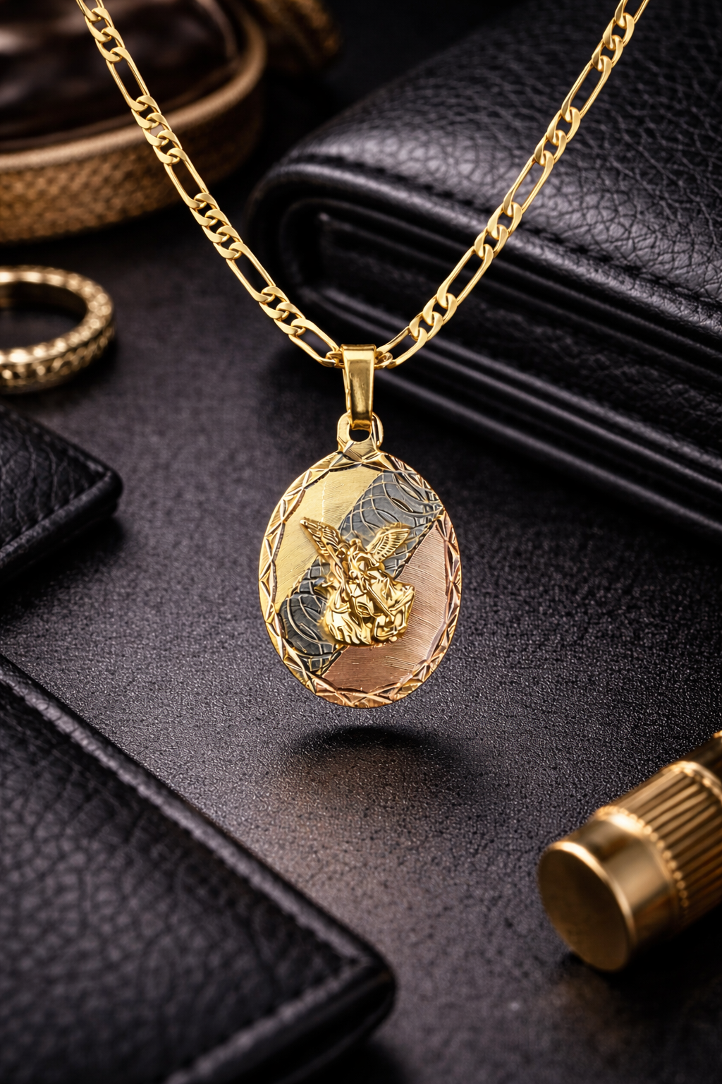 Tri Color Saint Michael Pendant Necklace Figaro Chain