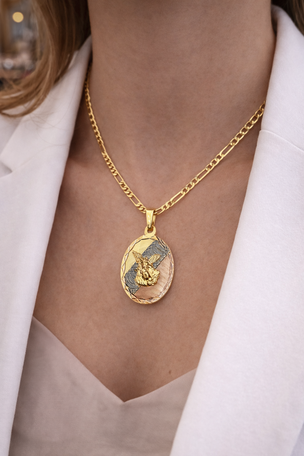 Tri Color Saint Michael Pendant Necklace Figaro Chain