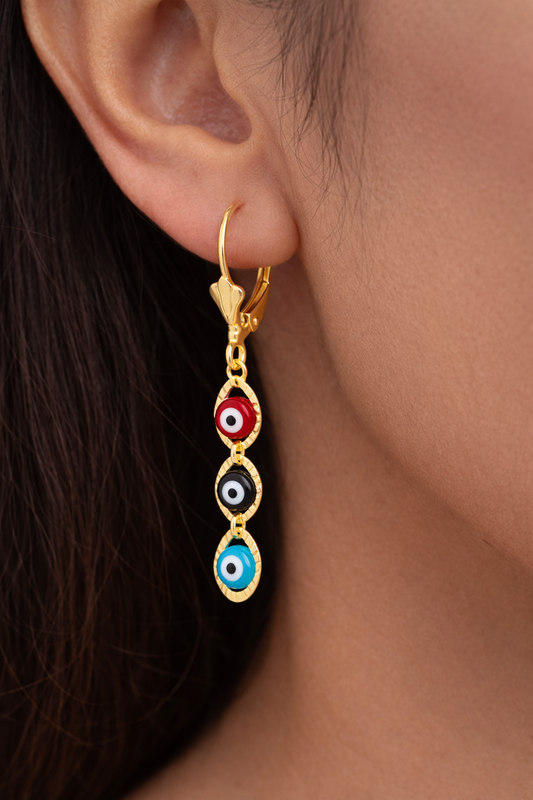 14K Gold Filled Evil Eye Earrings Dangle Lever 40x5.5mm for Womens