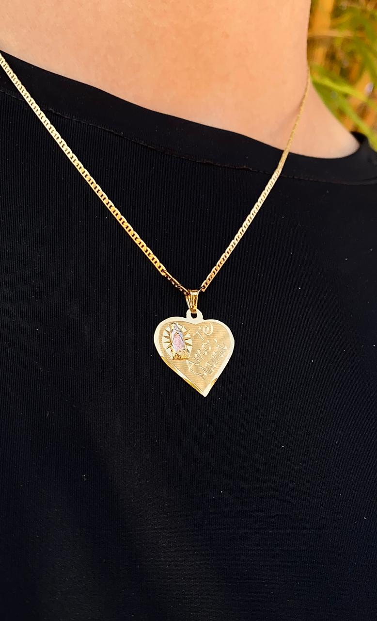 Heart Minimalistic Virgen de Guadalupe Necklace 20" Mariner Chain 14K Gold Filled