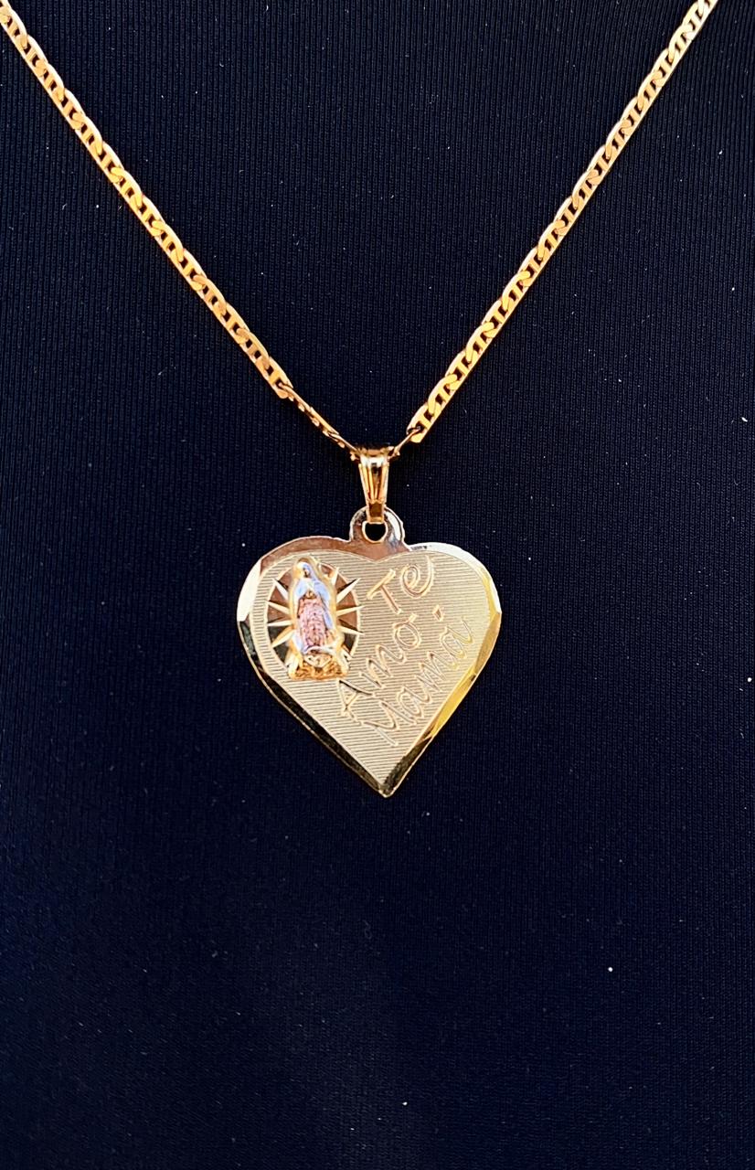 Heart Minimalistic Virgen de Guadalupe Necklace 20" Mariner Chain 14K Gold Filled