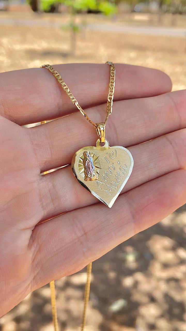 Heart Minimalistic Virgen de Guadalupe Necklace 20" Mariner Chain 14K Gold Filled