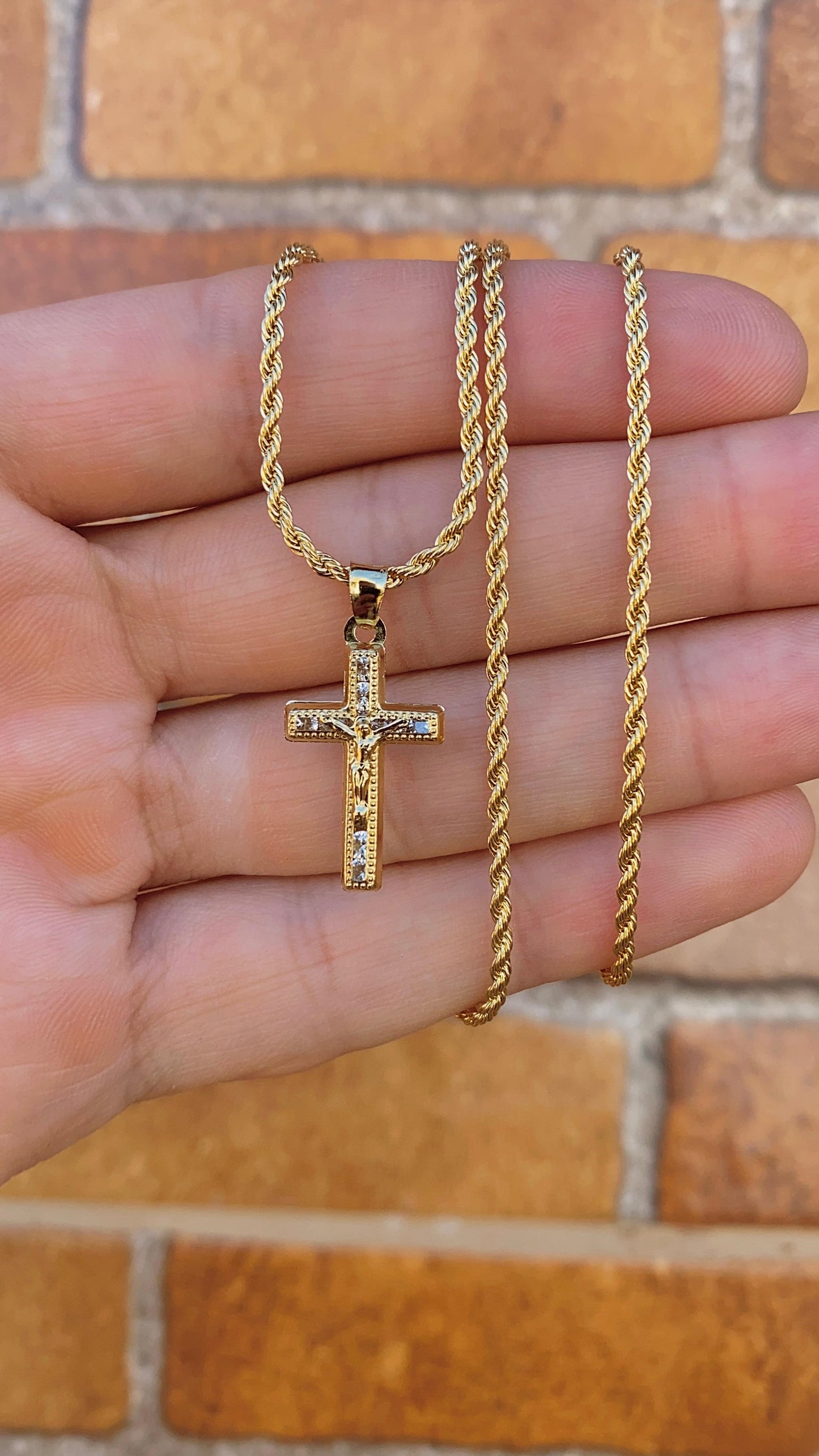 14K Gold Filled CZ Crucifix Pendant Necklace 17" Womens Ladies Girls