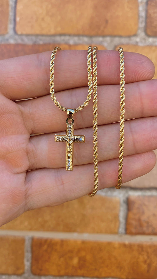 14K Gold Filled CZ Crucifix Pendant Necklace 17" Womens Ladies Girls