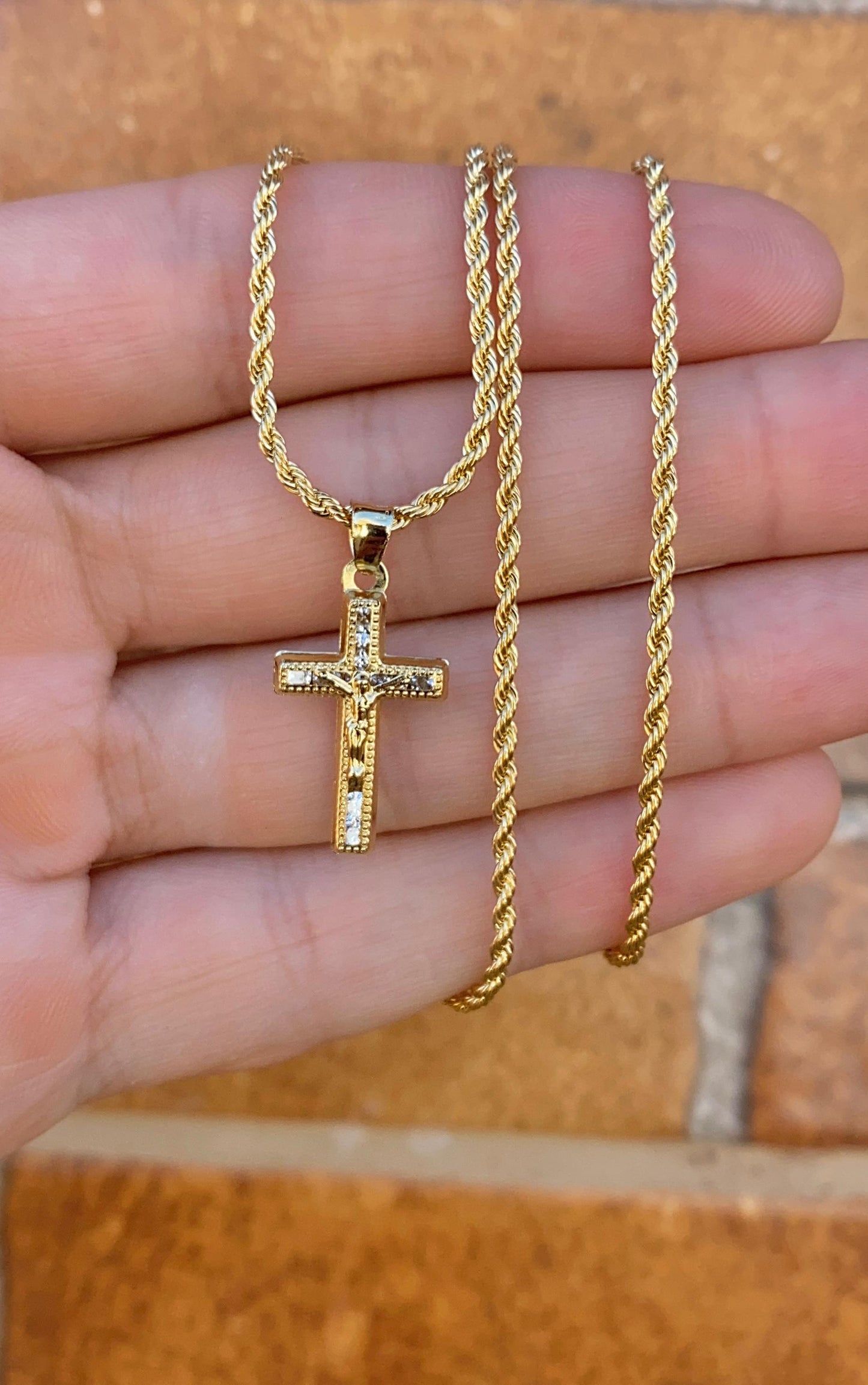 14K Gold Filled CZ Crucifix Pendant Necklace 17" Womens Ladies Girls