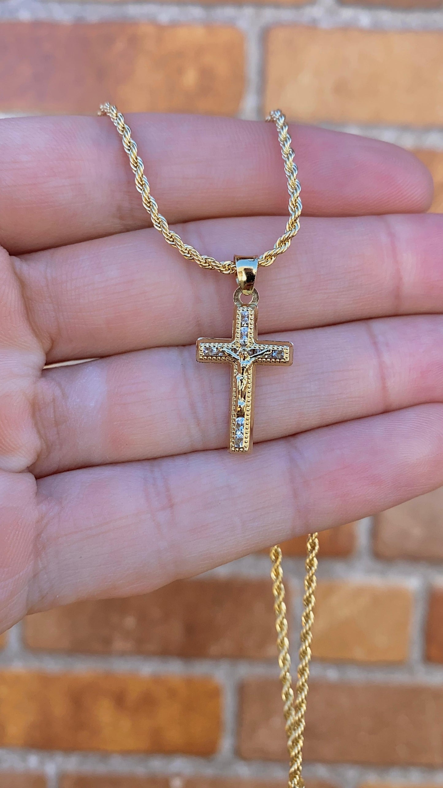 14K Gold Filled CZ Crucifix Pendant Necklace 17" Womens Ladies Girls