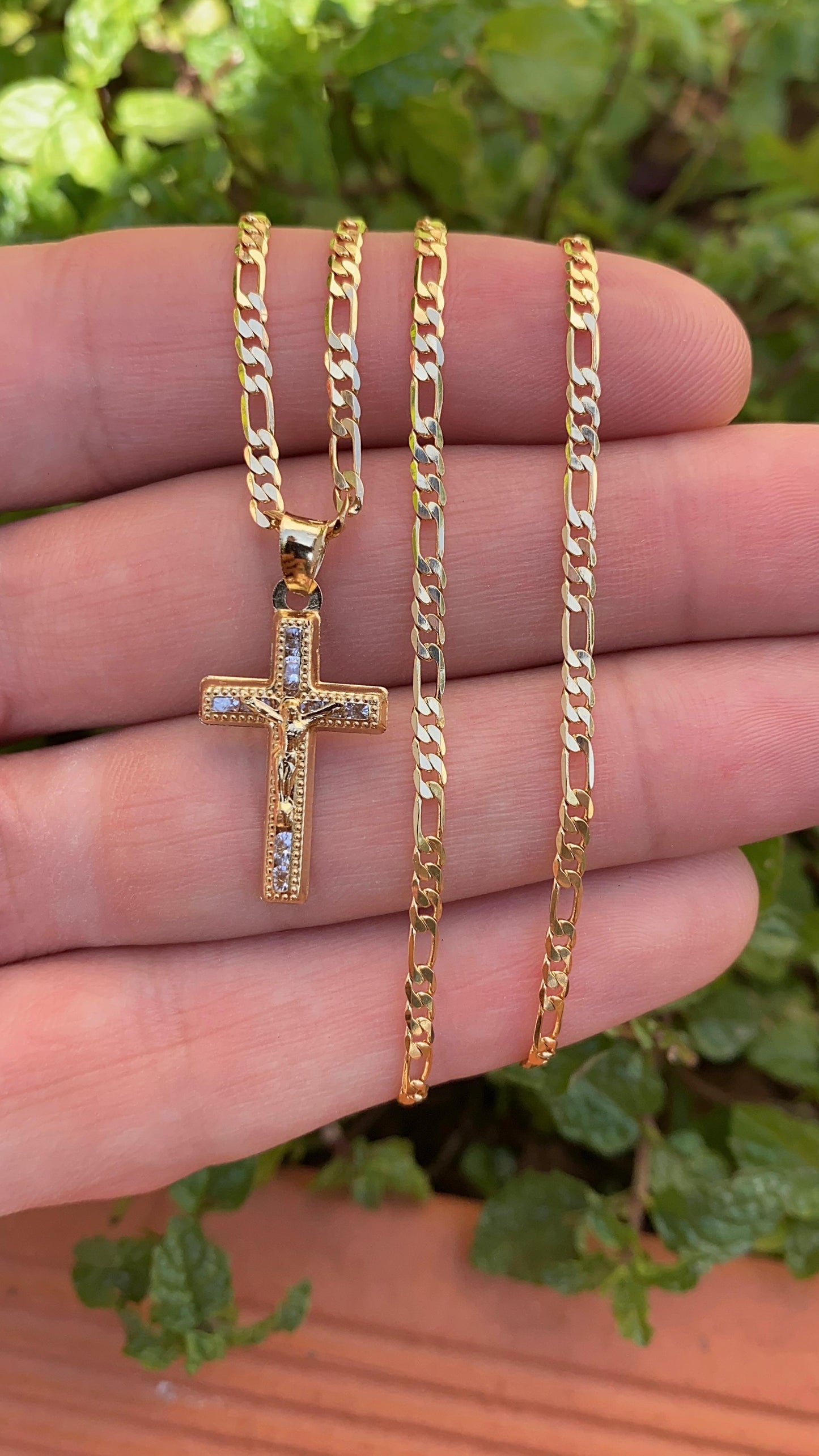 Jesus Christi  Figaro Chain Necklace 14K Gold Filled Jewelry Stylish for Womens and Mens