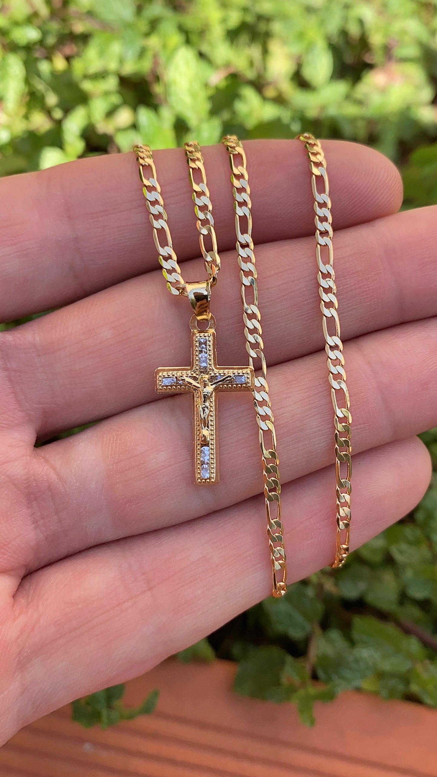 Jesus Christi  Figaro Chain Necklace 14K Gold Filled Jewelry Stylish for Womens and Mens