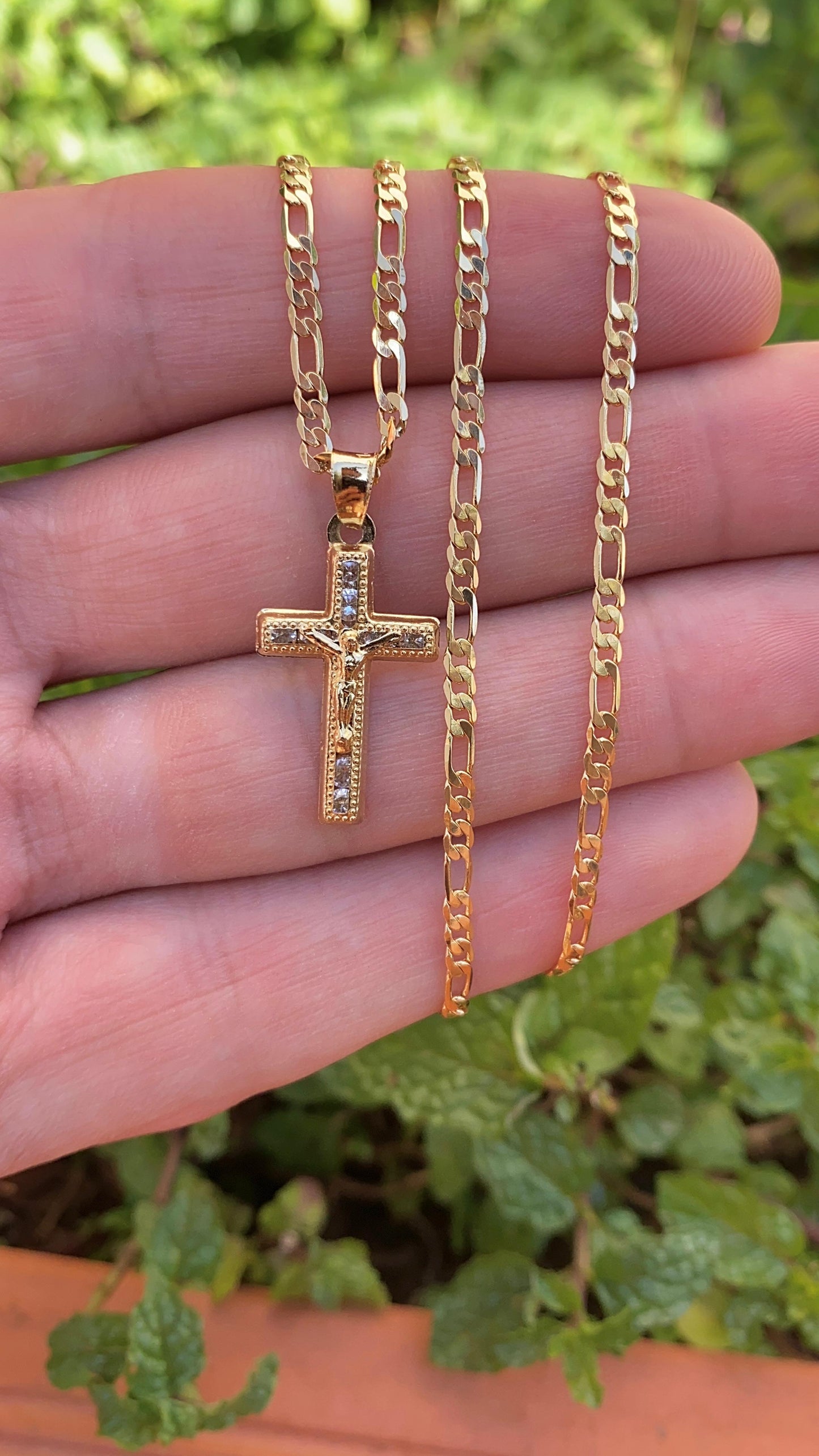 Jesus Christi  Figaro Chain Necklace 14K Gold Filled Jewelry Stylish for Womens and Mens