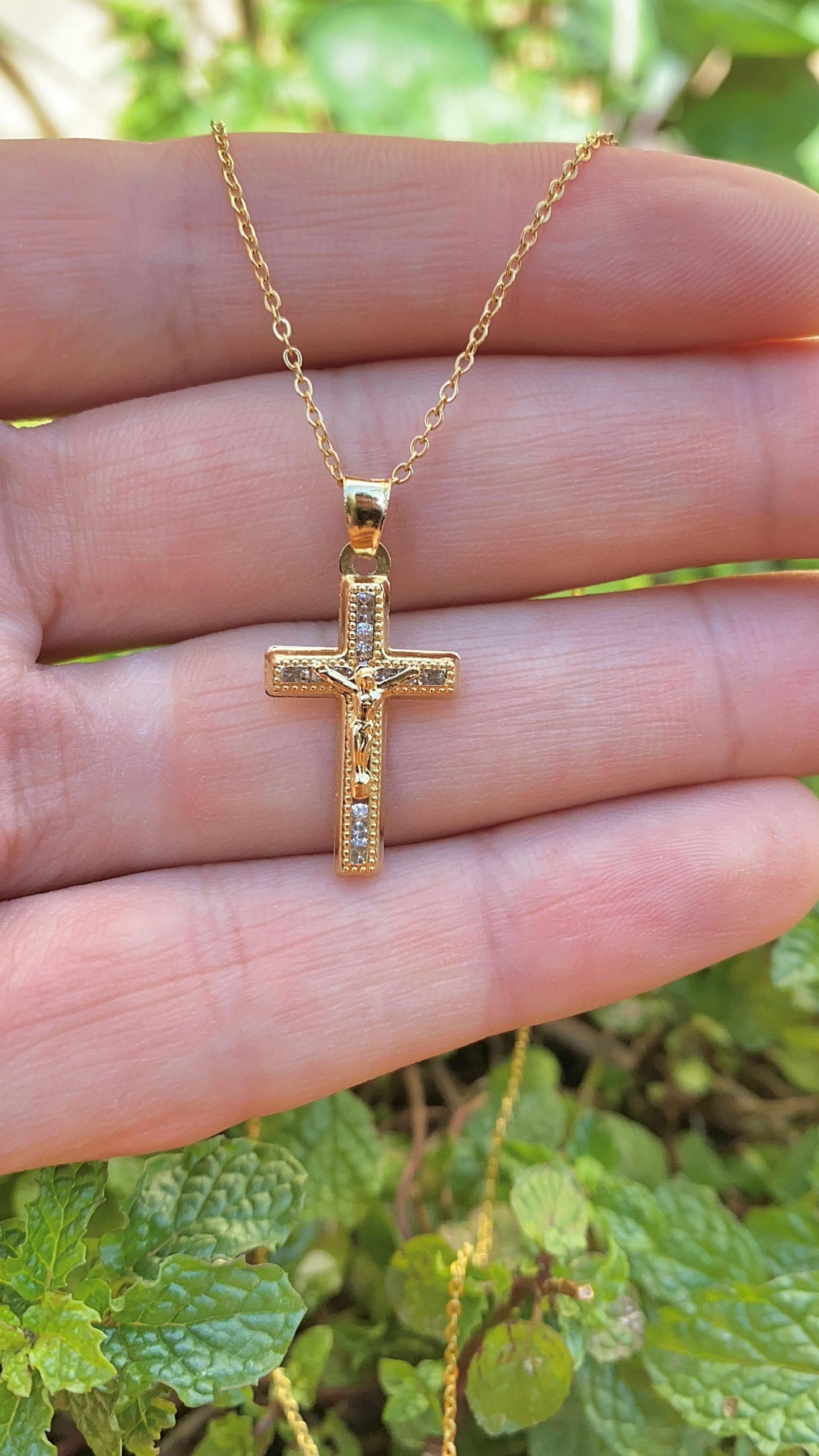 Cross Necklace 17" Cable Link Chain 18K Gold Filled Womens Jewelry Religious