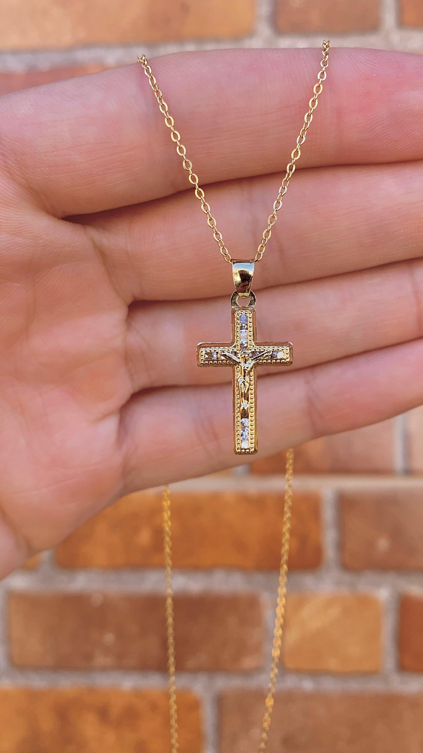 Cross Necklace 17" Cable Link Chain 18K Gold Filled Womens Jewelry Religious