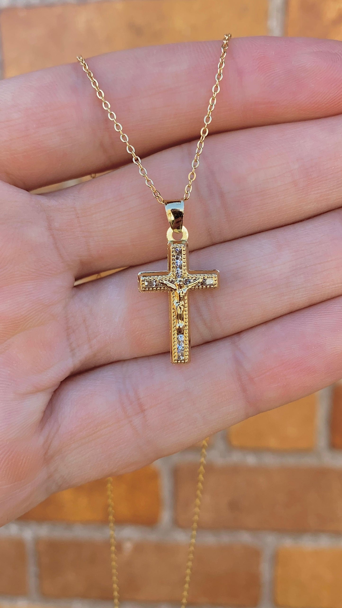 Cross Necklace 17" Cable Link Chain 18K Gold Filled Womens Jewelry Religious