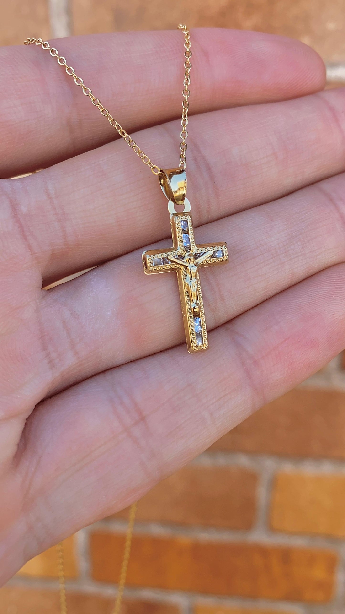 Cross Necklace 17" Cable Link Chain 18K Gold Filled Womens Jewelry Religious