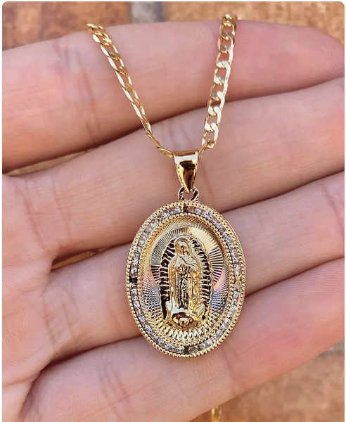 Virgencita de Guadalupe Necklace Curb Chain 22" 14K Godl Filled Pendant Everyday Jewelry Womens Mens Unisex