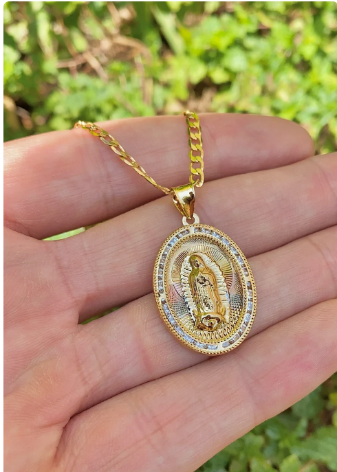 Virgencita de Guadalupe Necklace Curb Chain 22" 14K Godl Filled Pendant Everyday Jewelry Womens Mens Unisex