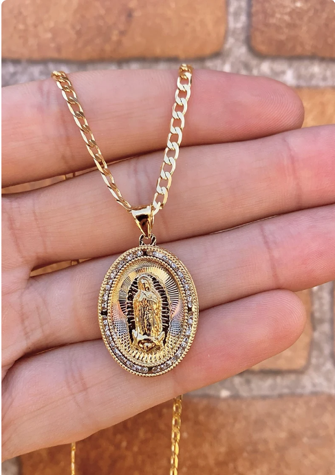 Virgencita de Guadalupe Necklace Curb Chain 22" 14K Godl Filled Pendant Everyday Jewelry Womens Mens Unisex