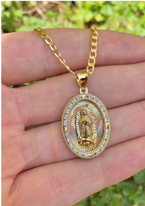 Virgencita de Guadalupe Necklace Curb Chain 22" 14K Godl Filled Pendant Everyday Jewelry Womens Mens Unisex