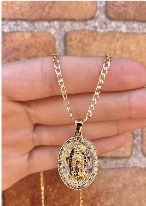 Virgencita de Guadalupe Necklace Curb Chain 22" 14K Godl Filled Pendant Everyday Jewelry Womens Mens Unisex