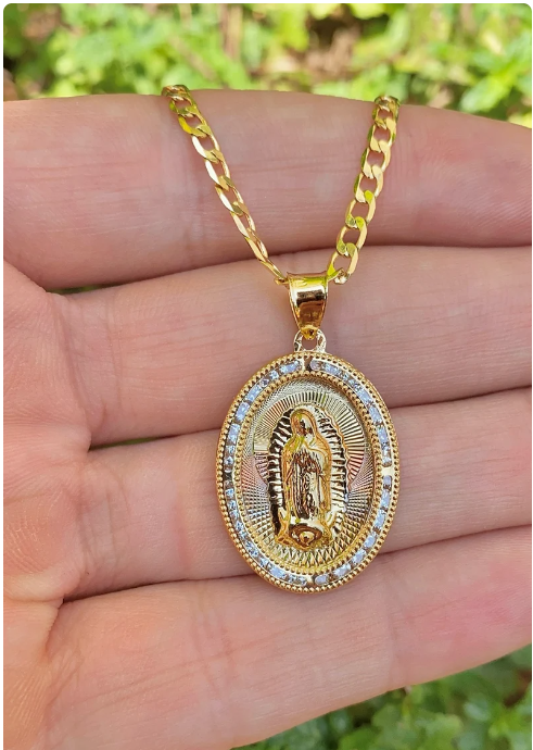 Virgencita de Guadalupe Necklace Curb Chain 22" 14K Godl Filled Pendant Everyday Jewelry Womens Mens Unisex