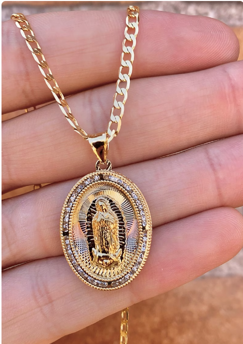 Virgencita de Guadalupe Necklace Curb Chain 22" 14K Godl Filled Pendant Everyday Jewelry Womens Mens Unisex