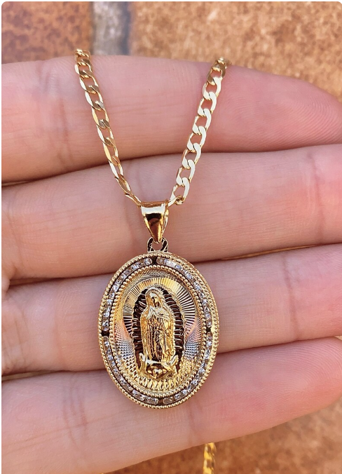 Virgencita de Guadalupe Necklace Curb Chain 22" 14K Godl Filled Pendant Everyday Jewelry Womens Mens Unisex