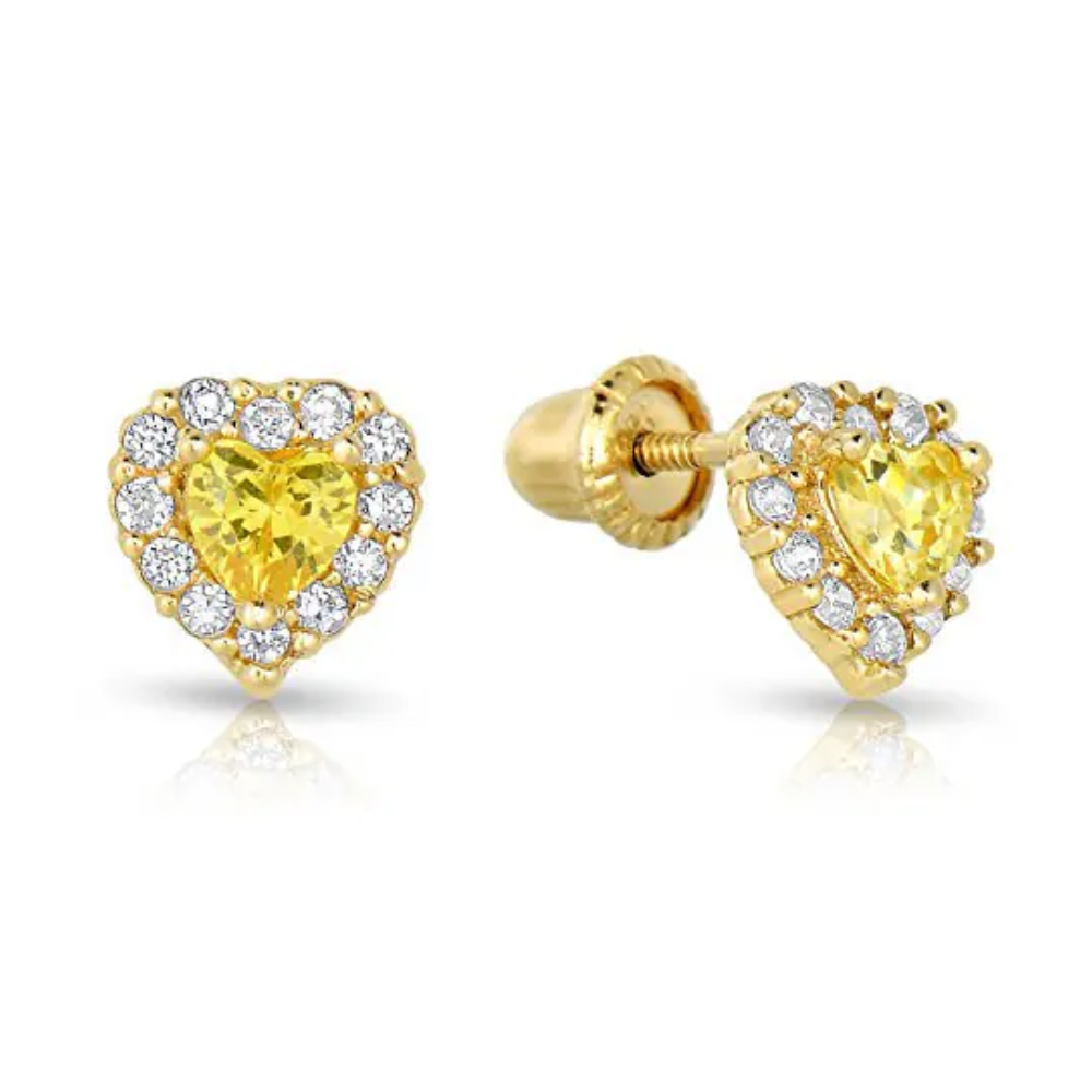 Baby Girls Womens Heart Stud Earrings Screw Back Birthstones 14K Yellow Gold CZ