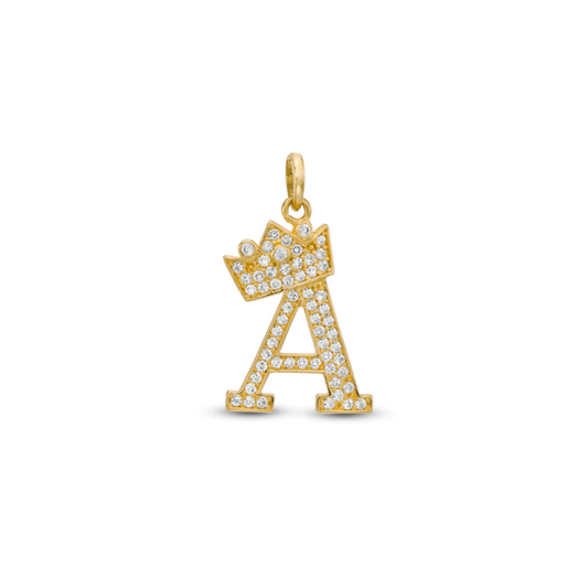 Initial Letter Pendant CZ Crown Charm in 14K Yellow Gold For Mens Womens Kids