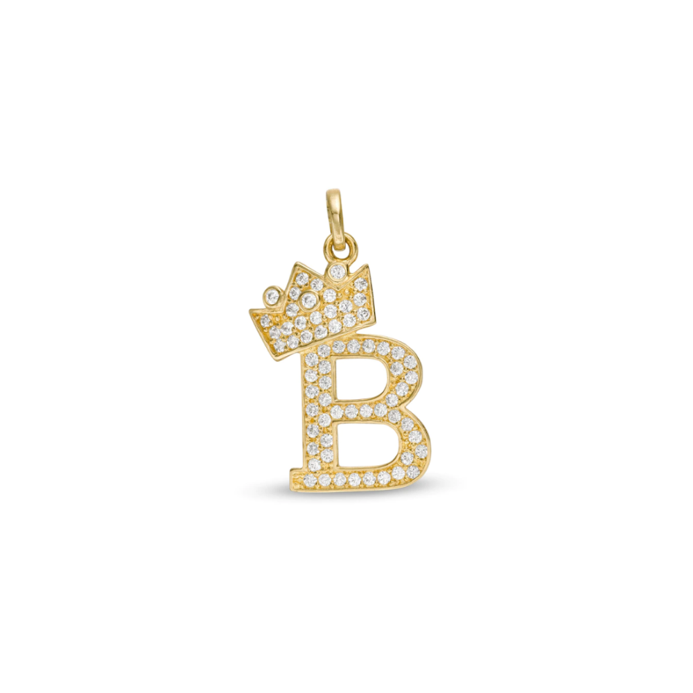 Initial Letter Pendant CZ Crown Charm in 14K Yellow Gold For Mens Womens Kids