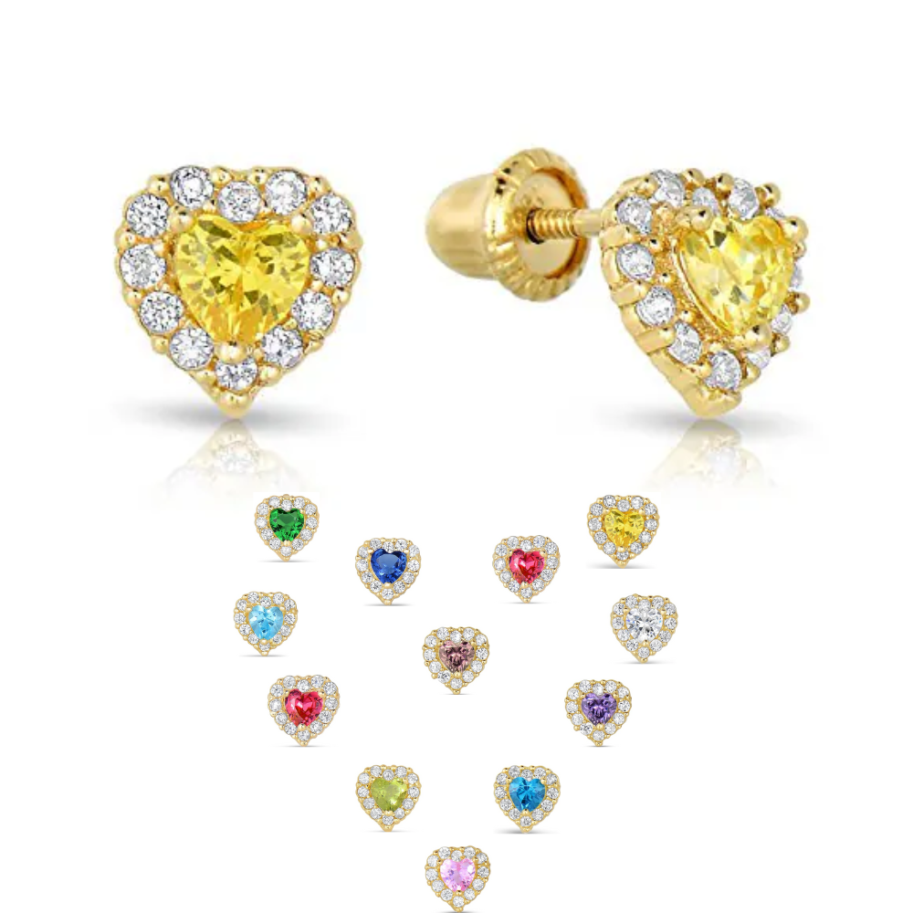 Baby Girls Womens Heart Stud Earrings Screw Back Birthstones 14K Yellow Gold CZ