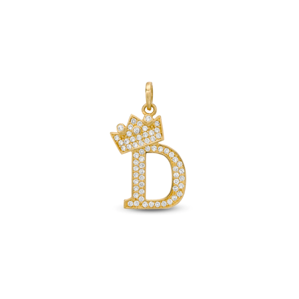 Initial Letter Pendant CZ Crown Charm in 14K Yellow Gold For Mens Womens Kids