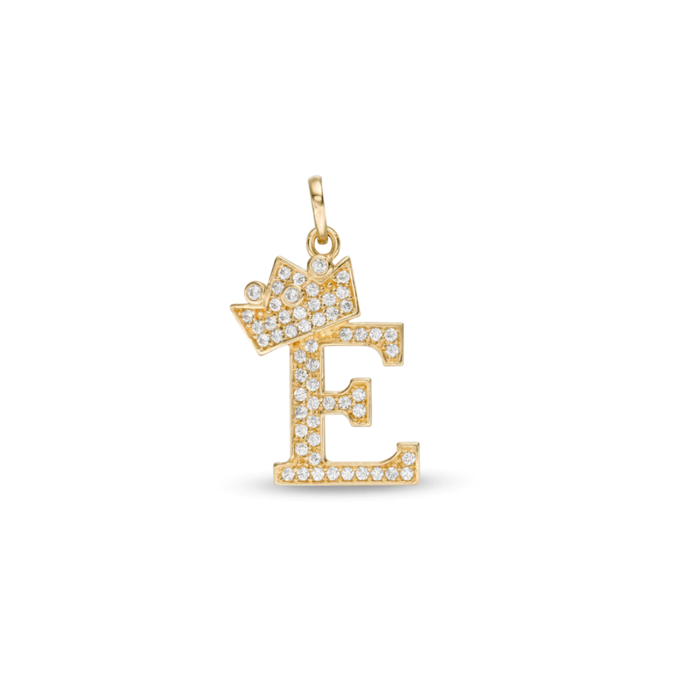 Initial Letter Pendant CZ Crown Charm in 14K Yellow Gold For Mens Womens Kids