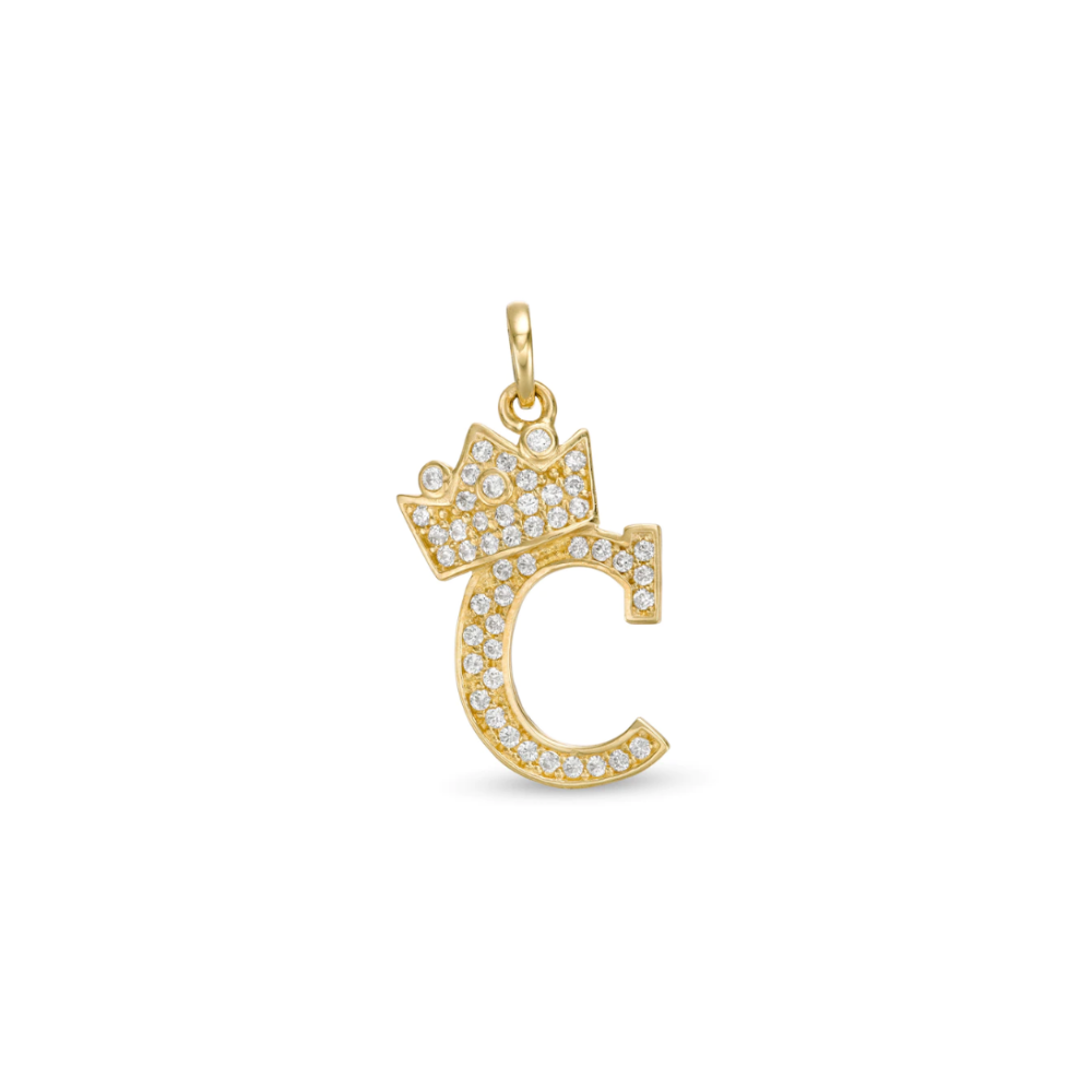 Initial Letter Pendant CZ Crown Charm in 14K Yellow Gold For Mens Womens Kids