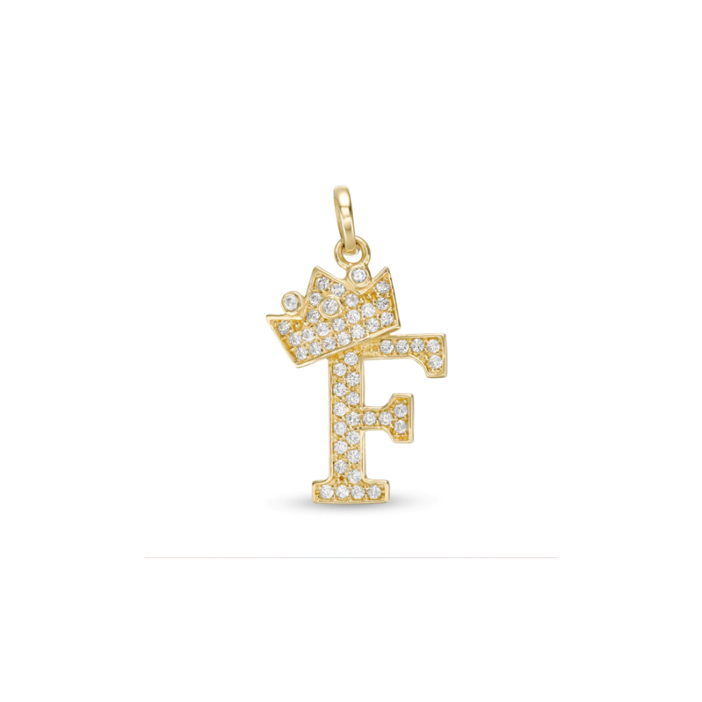 Initial Letter Pendant CZ Crown Charm in 14K Yellow Gold For Mens Womens Kids