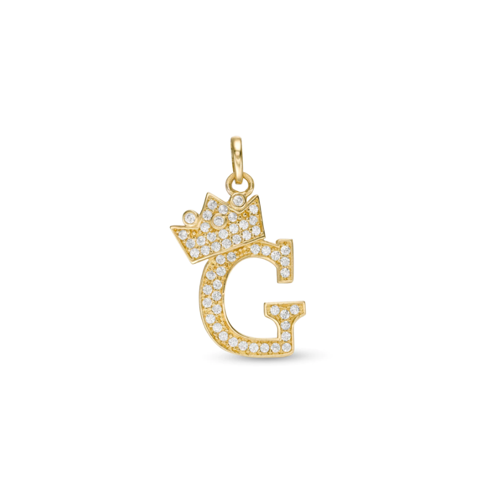 Initial Letter Pendant CZ Crown Charm in 14K Yellow Gold For Mens Womens Kids