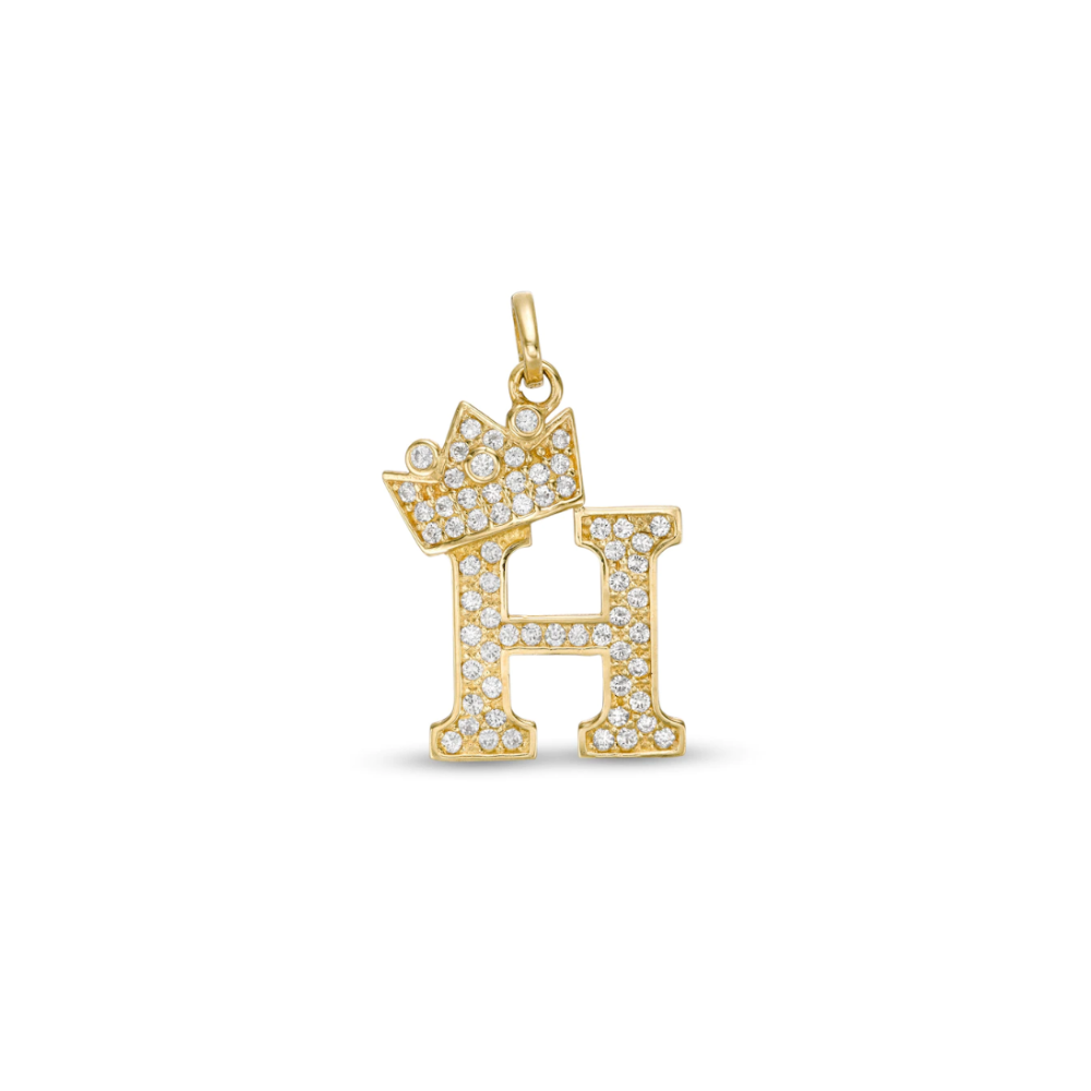 Initial Letter Pendant CZ Crown Charm in 14K Yellow Gold For Mens Womens Kids