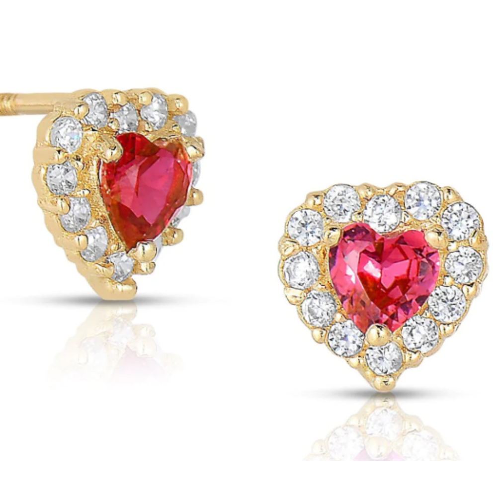 Baby Girls Womens Heart Stud Earrings Screw Back Birthstones 14K Yellow Gold CZ