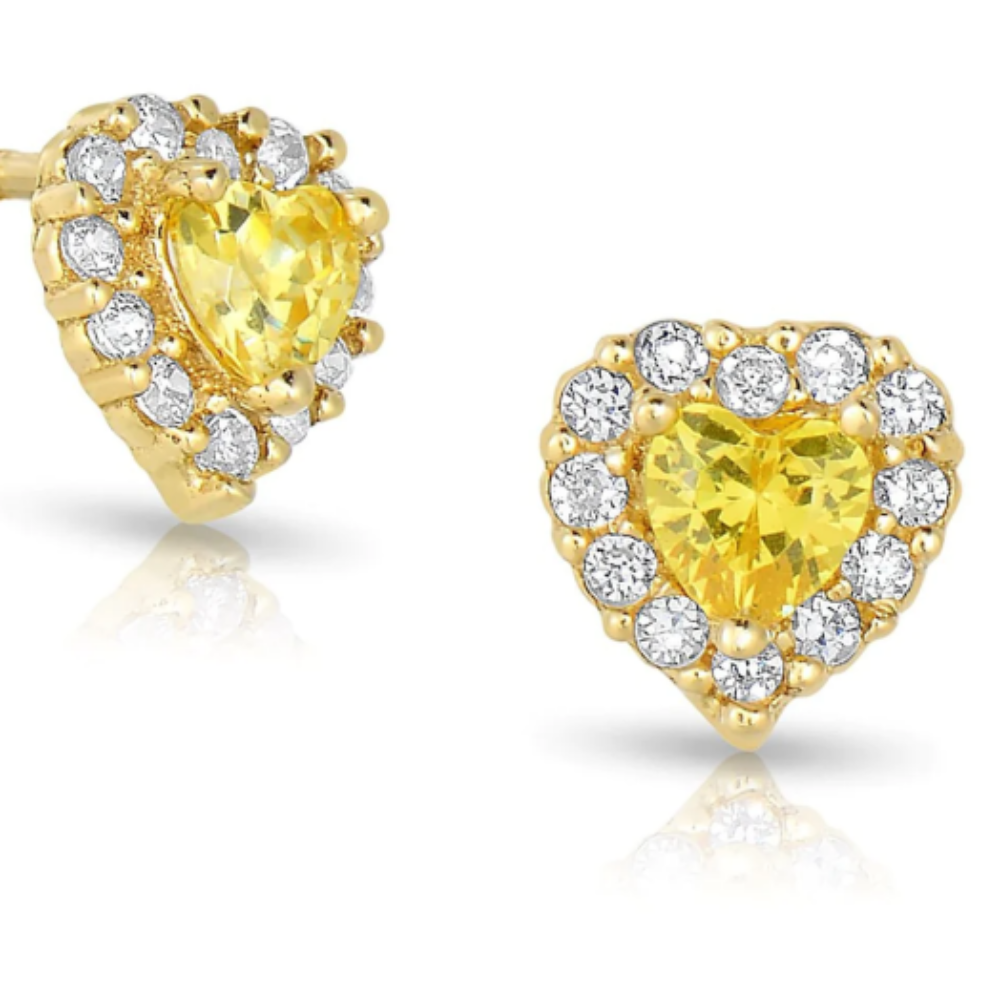 Baby Girls Womens Heart Stud Earrings Screw Back Birthstones 14K Yellow Gold CZ