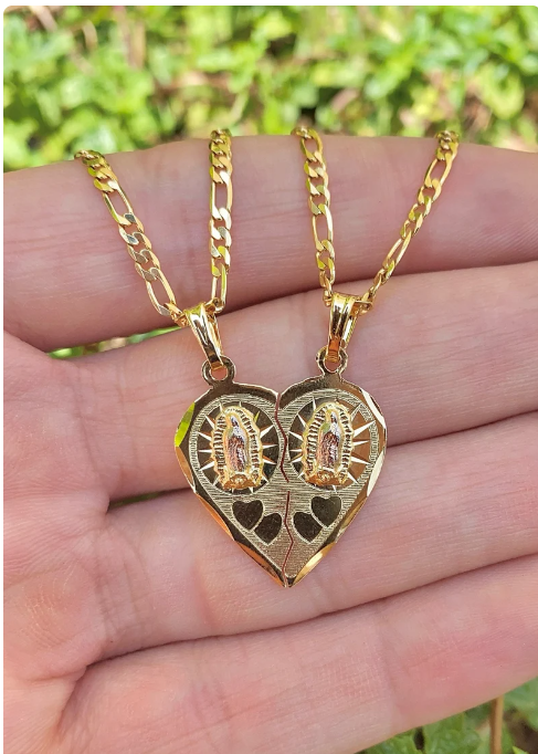 Heart Broken Pendant Virgen de Guadalupe Necklace 20" 14K Gold Filled Womens Unisex Mens