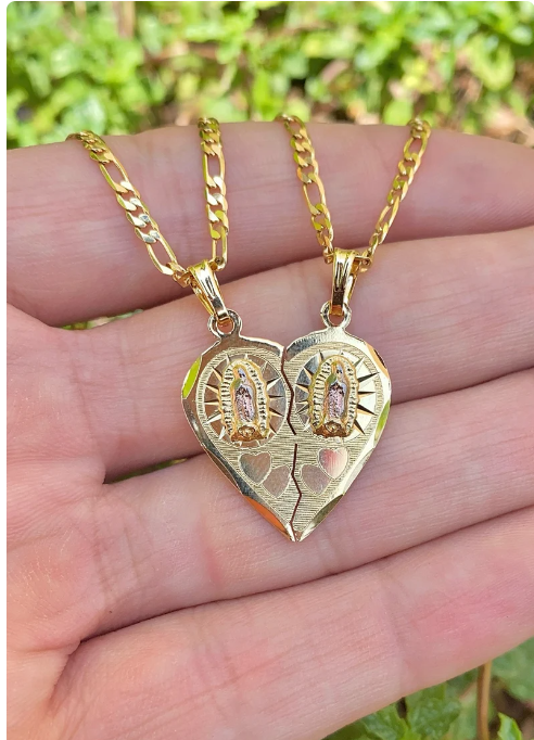 Heart Broken Pendant Virgen de Guadalupe Necklace 20" 14K Gold Filled Womens Unisex Mens