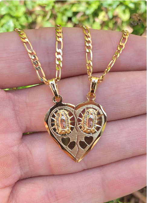 Heart Broken Pendant Virgen de Guadalupe Necklace 20" 14K Gold Filled Womens Unisex Mens