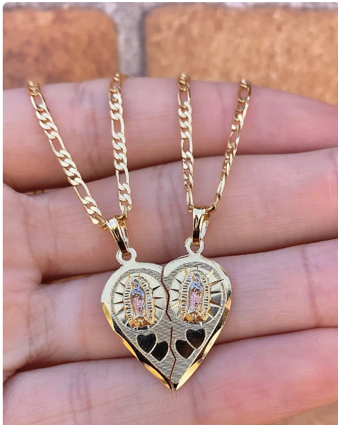 Heart Broken Pendant Virgen de Guadalupe Necklace 20" 14K Gold Filled Womens Unisex Mens