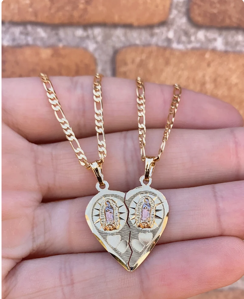 Heart Broken Pendant Virgen de Guadalupe Necklace 20" 14K Gold Filled Womens Unisex Mens