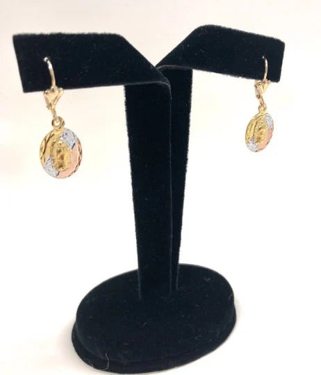 Aretes En Oro Virgen de Guadalupe 14K Dangle Earrings Lever Back For Womens Fashion