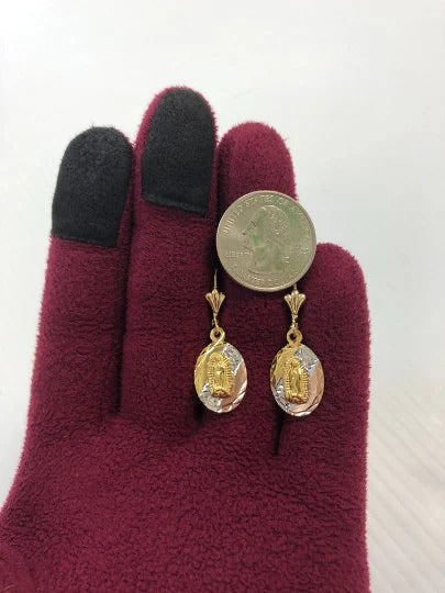 Aretes En Oro Virgen de Guadalupe 14K Dangle Earrings Lever Back For Womens Fashion