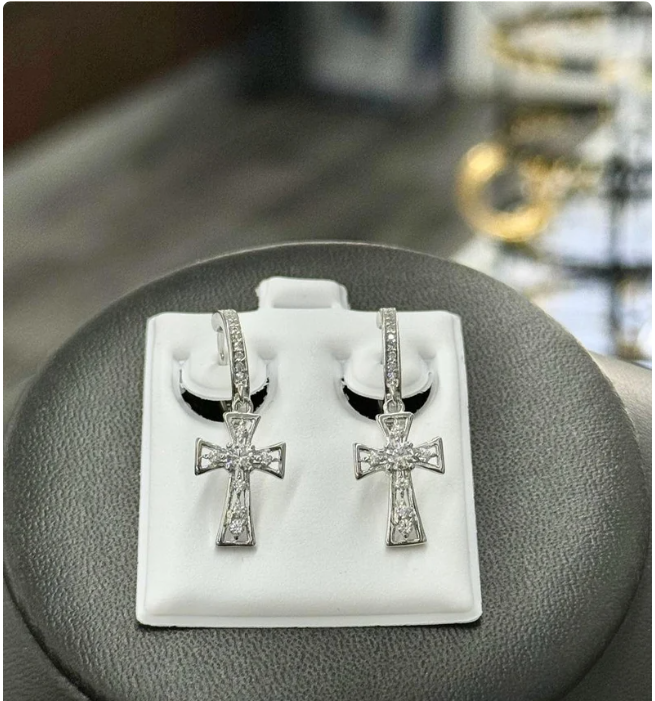 Hoop Earrings Crucifix 925 Sterling Silver CZ For Womens Ladies Argollas de Prata para Mujeres