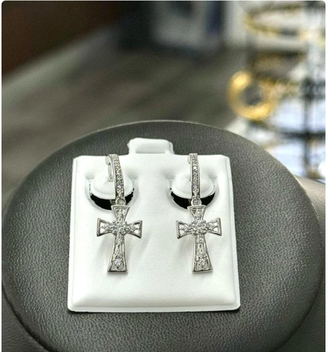 Hoop Earrings Crucifix 925 Sterling Silver CZ For Womens Ladies Argollas de Prata para Mujeres