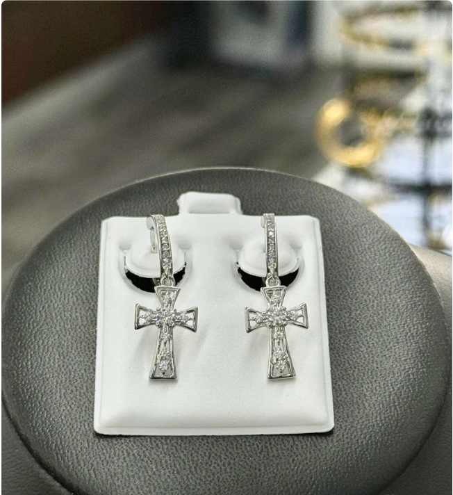 Hoop Earrings Crucifix 925 Sterling Silver CZ For Womens Ladies Argollas de Prata para Mujeres